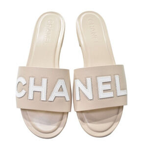 Chanel 23P Ivory White Leather CC Logo Letter Mules Slide Slip Sandal Flat 36